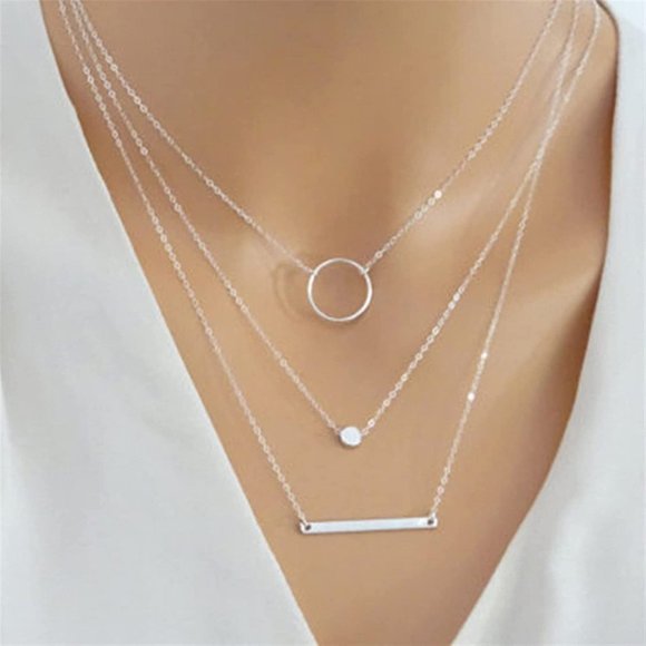 3 Piece Silver Layered Medallion, Long Bar, Hoop Choker Necklace -‎ Geometric - Picture 1 of 8